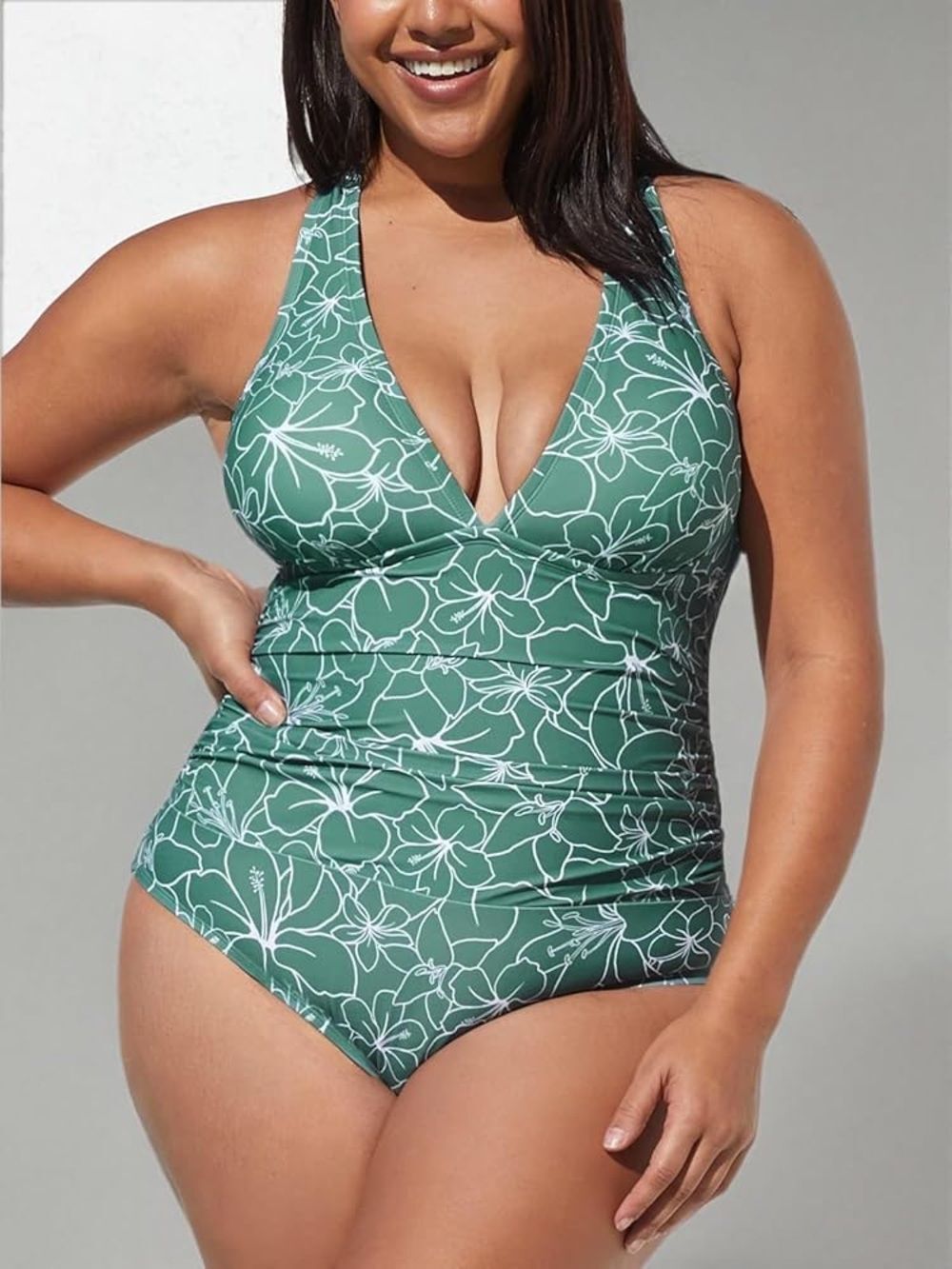 NWT CUPSHE Green Floral One Piece Swimsuit Size 1X Tummy Control Ruched Tie Back